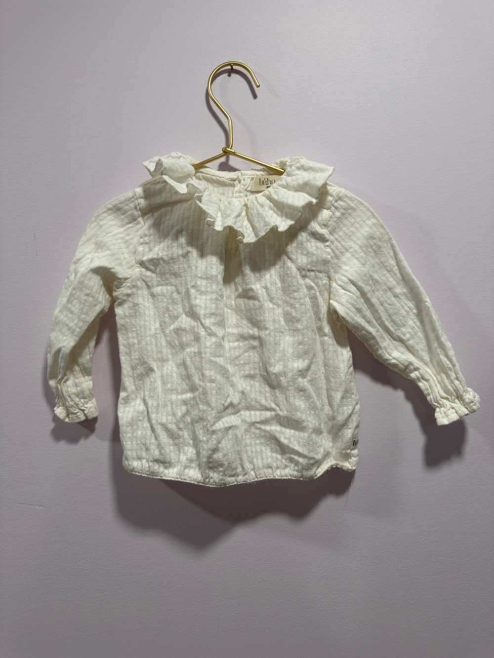 Kids Cream Ruffle Collar Long-Sleeve Top